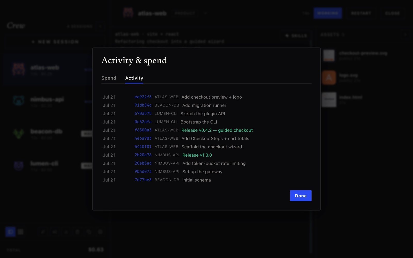The Activity tab — a live commit feed