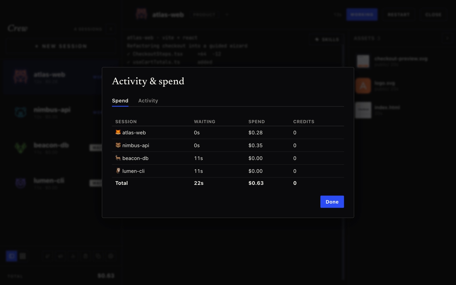 The Activity and spend panel — Spend tab