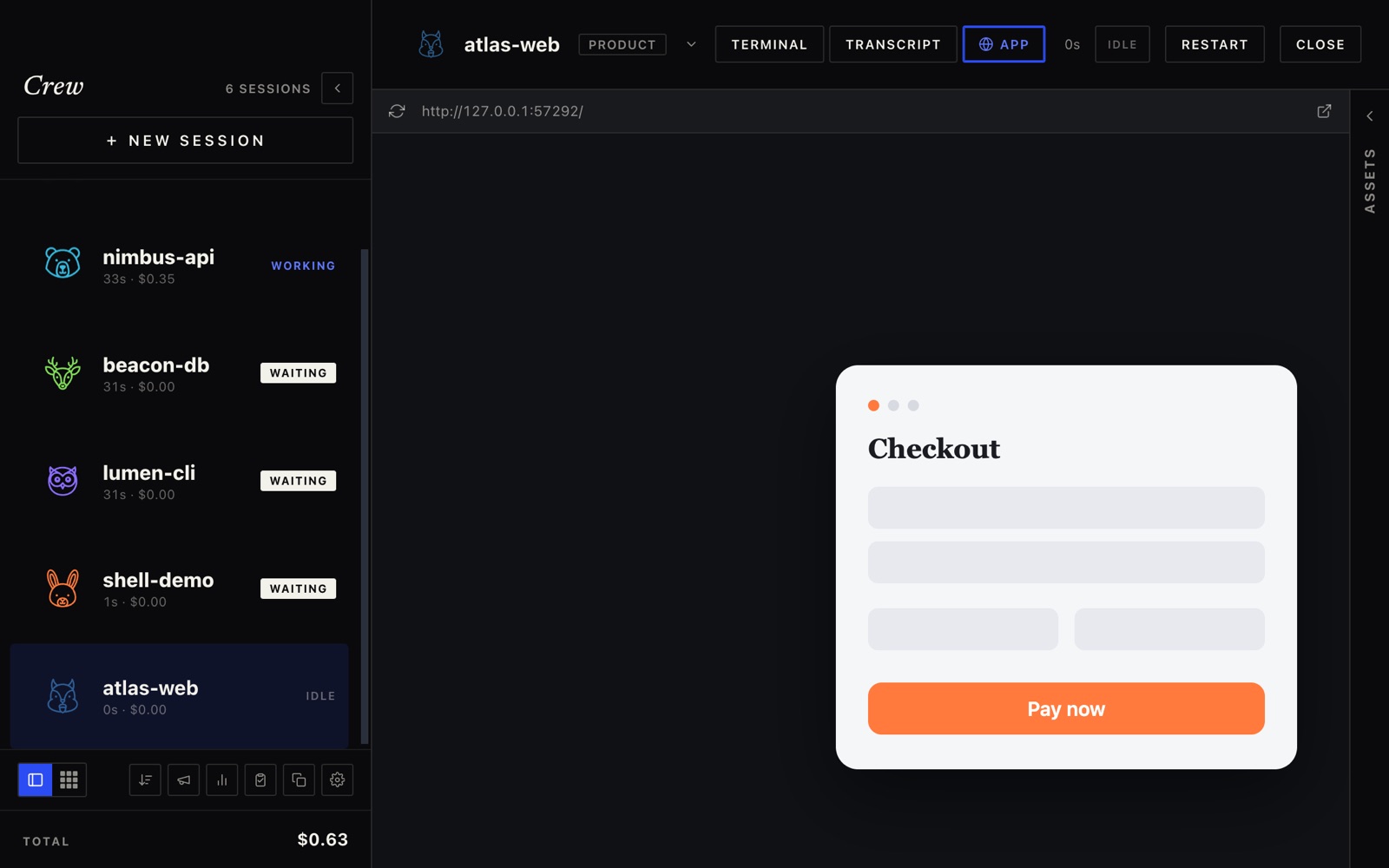 The App pane rendering a running local dev server — a checkout page — inside Crew, with a Terminal / Transcript / App toggle and a URL bar