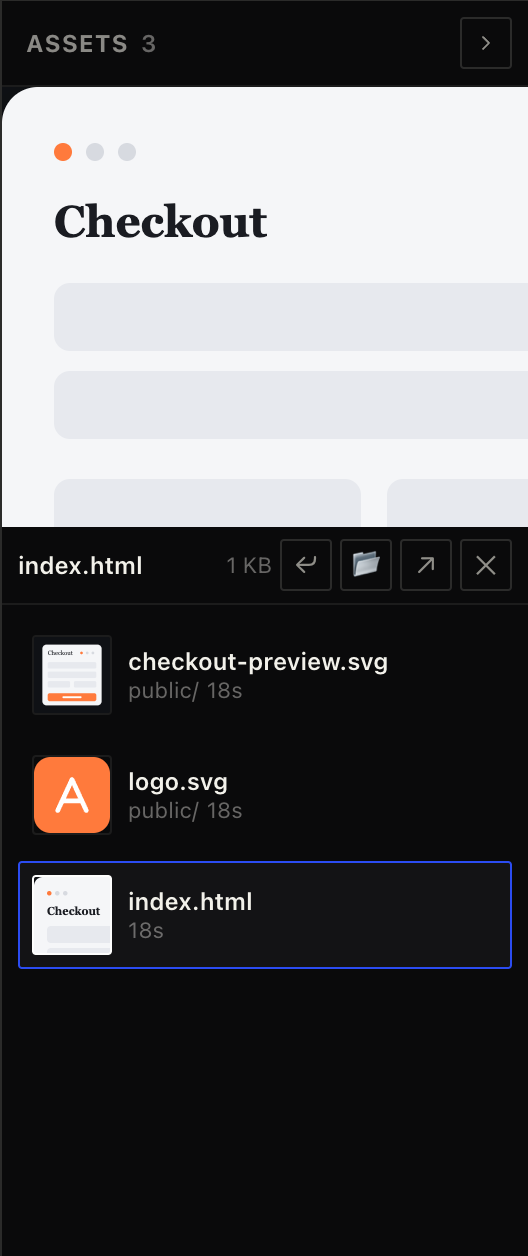 The assets pane with a preview open