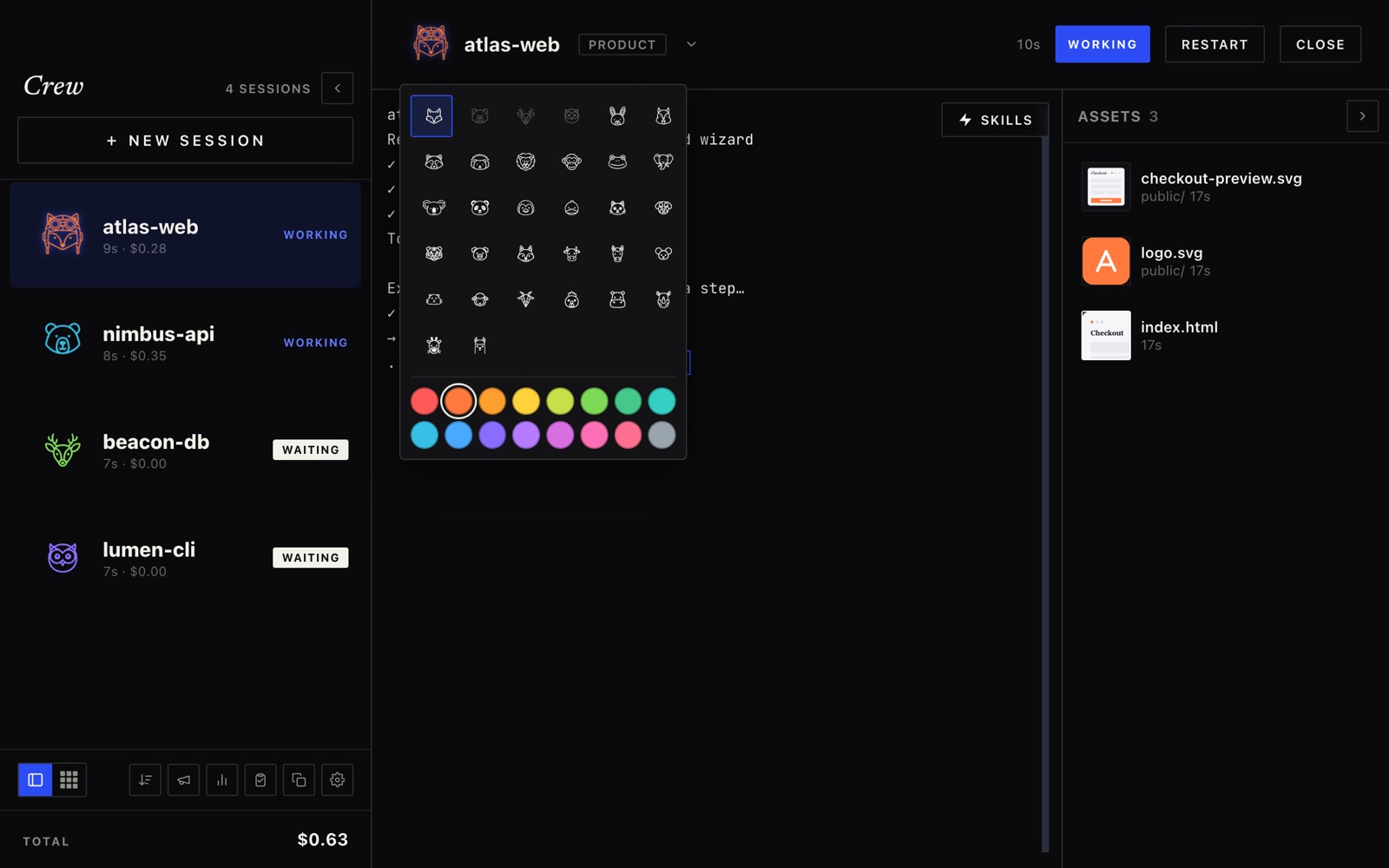 The character and color picker open