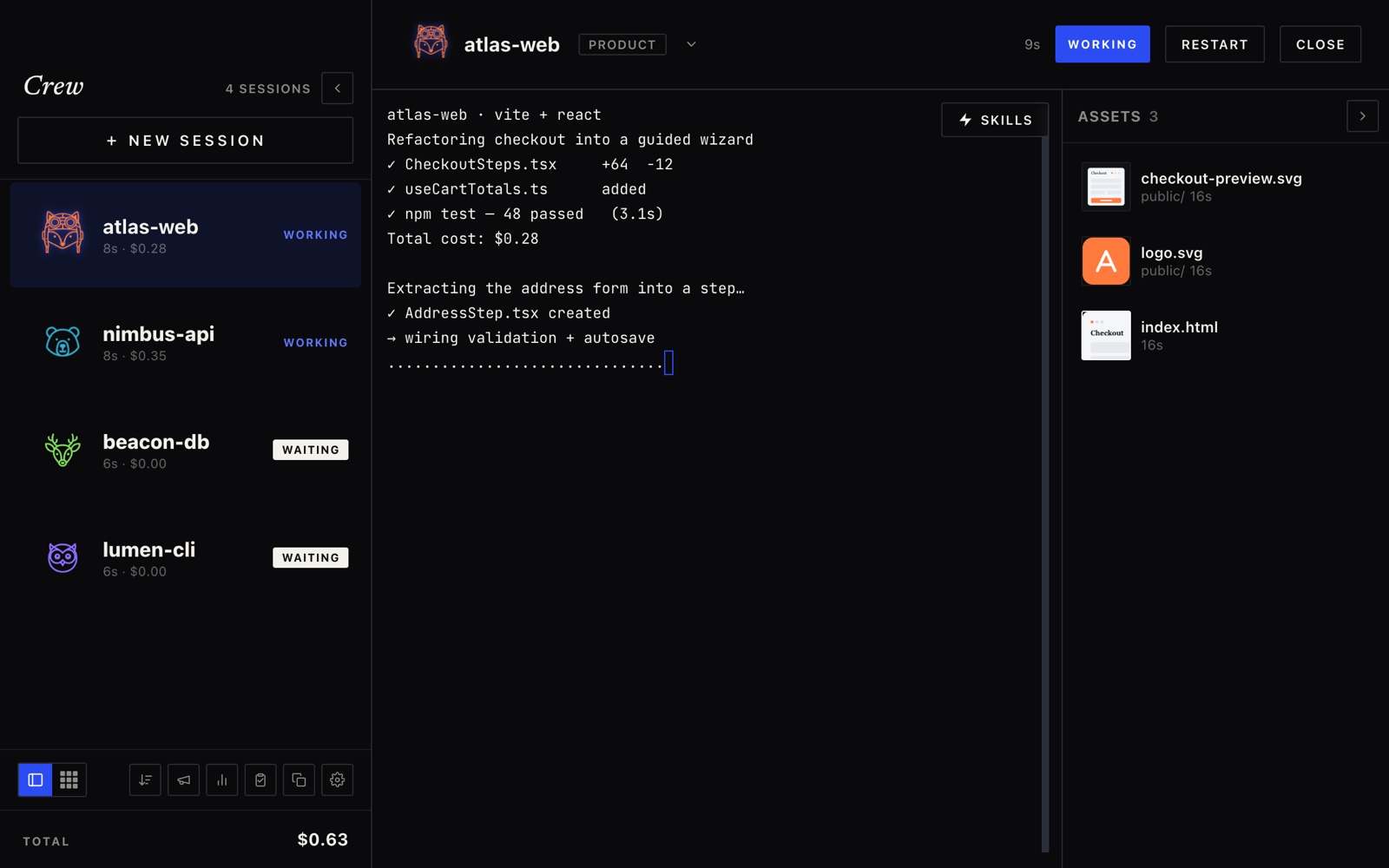 Crew focus view: roster, terminal and assets panel