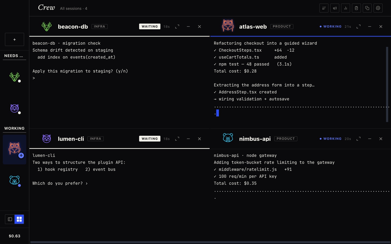Grid view grouped into Needs you and Working