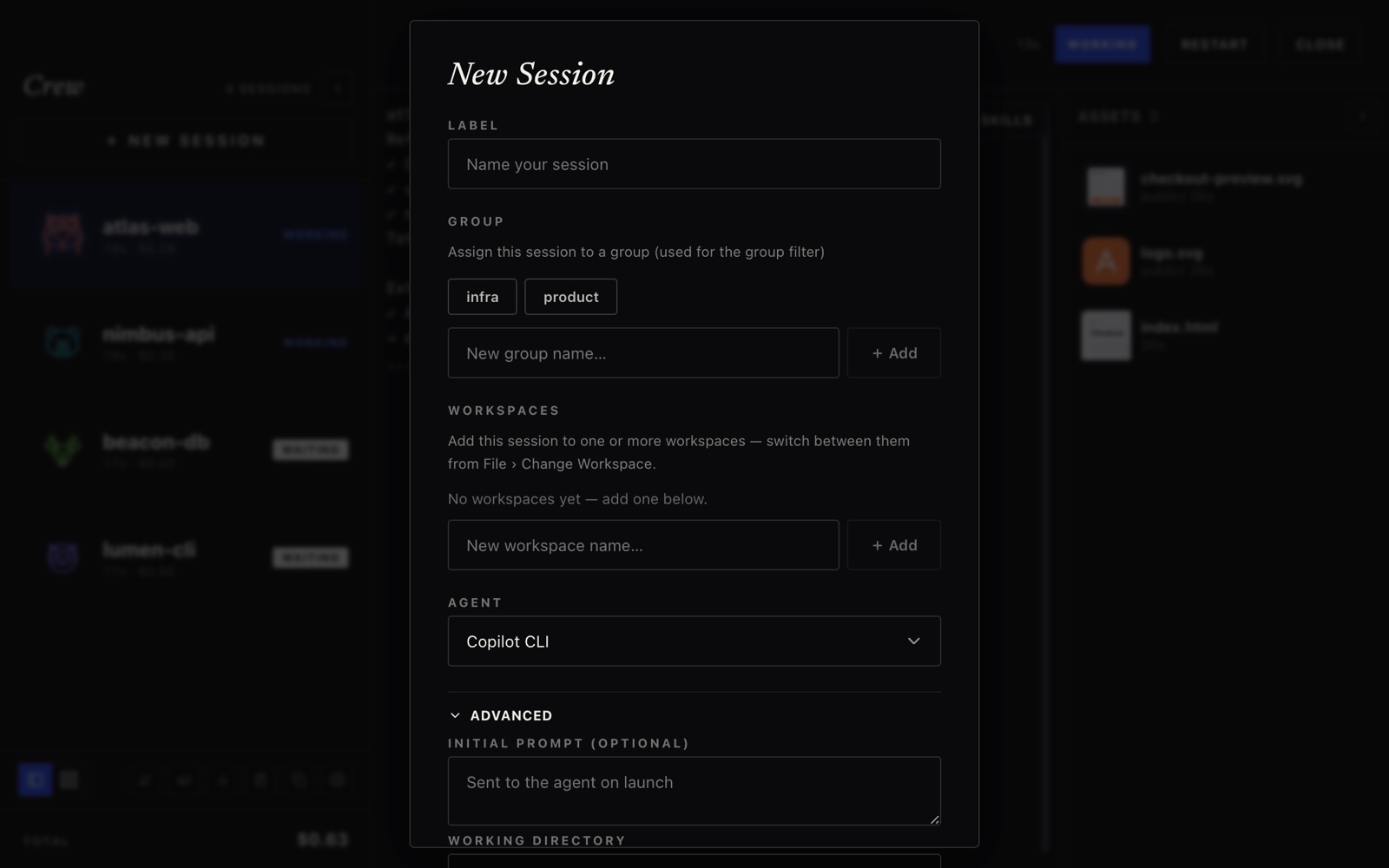 New Session dialog with Advanced options expanded