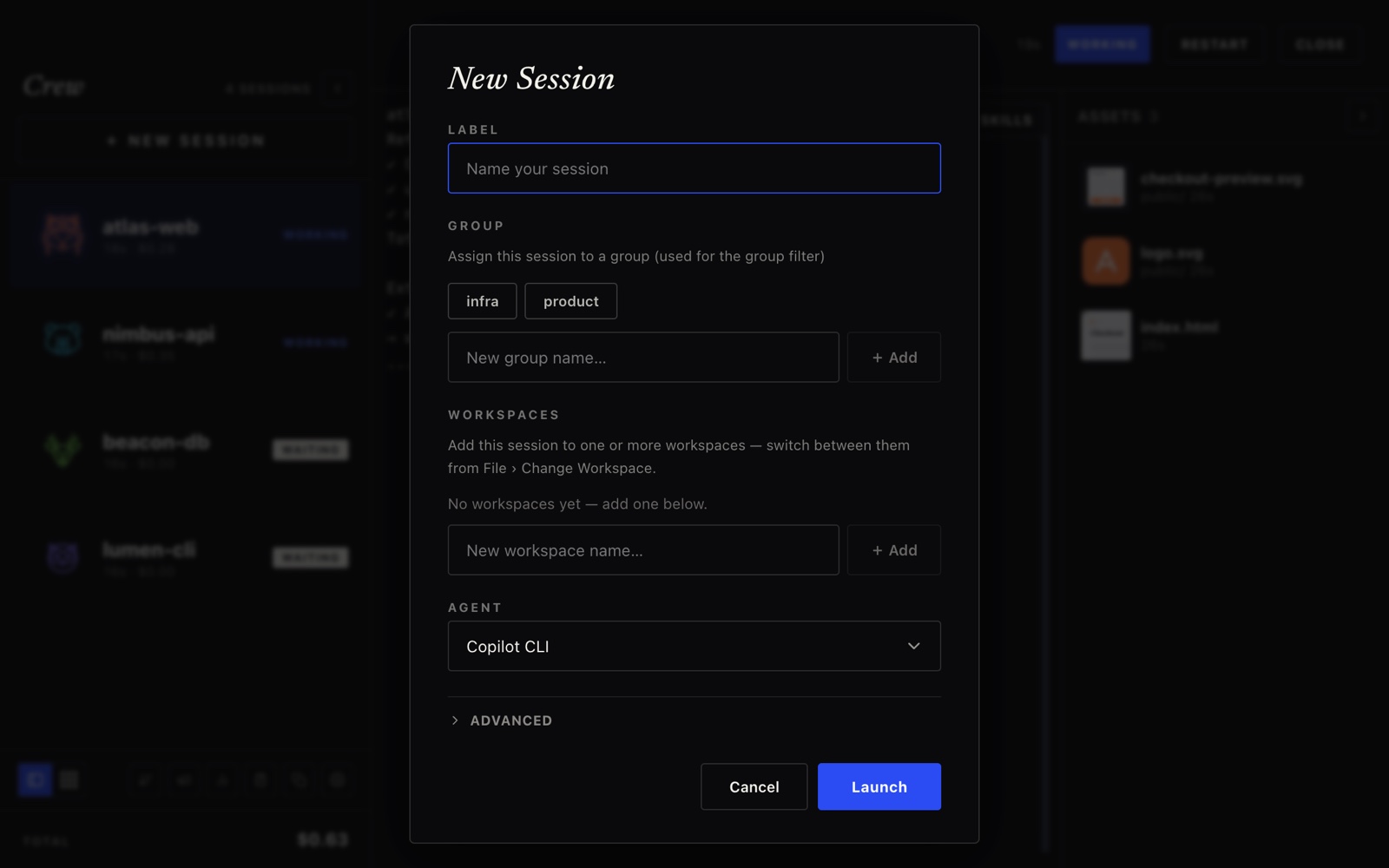 The New Session dialog