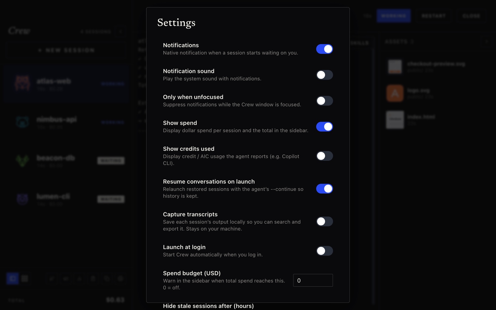 The settings panel