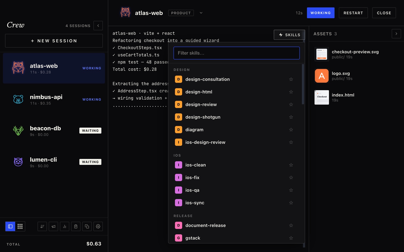 The categorized skills gallery open