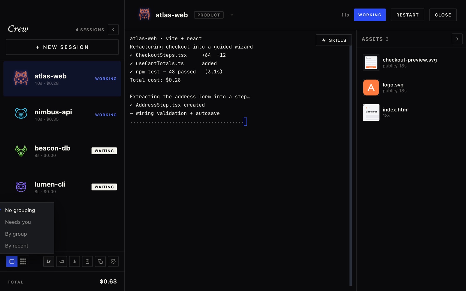 The sort / grouping menu open