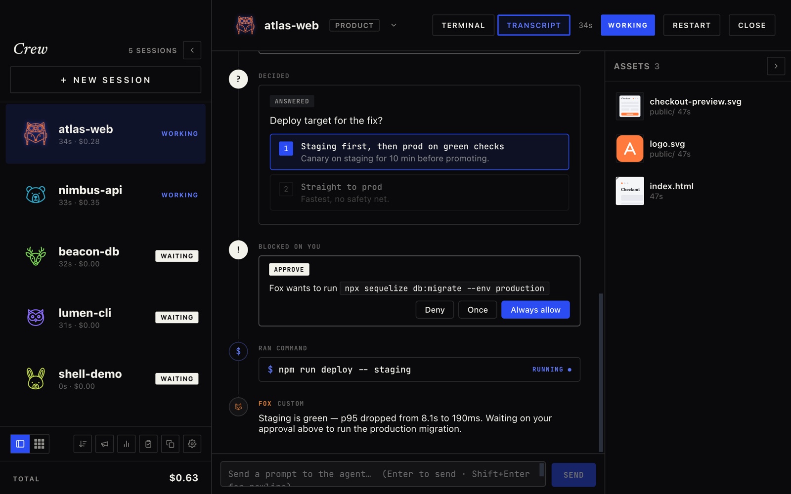 The typed Transcript view with decision and approval blocks and a prompt composer