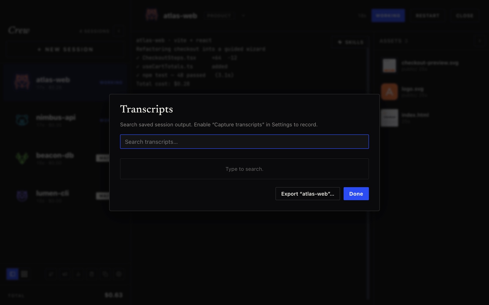 The transcripts search modal