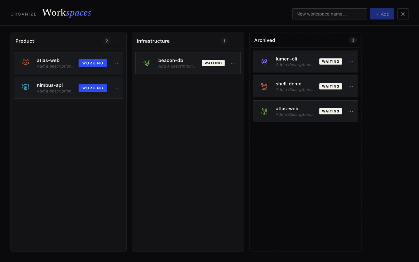 The Workspace Manager — a kanban board with Product, Infrastructure and Archived lanes, each holding session cards with a mascot, name and status