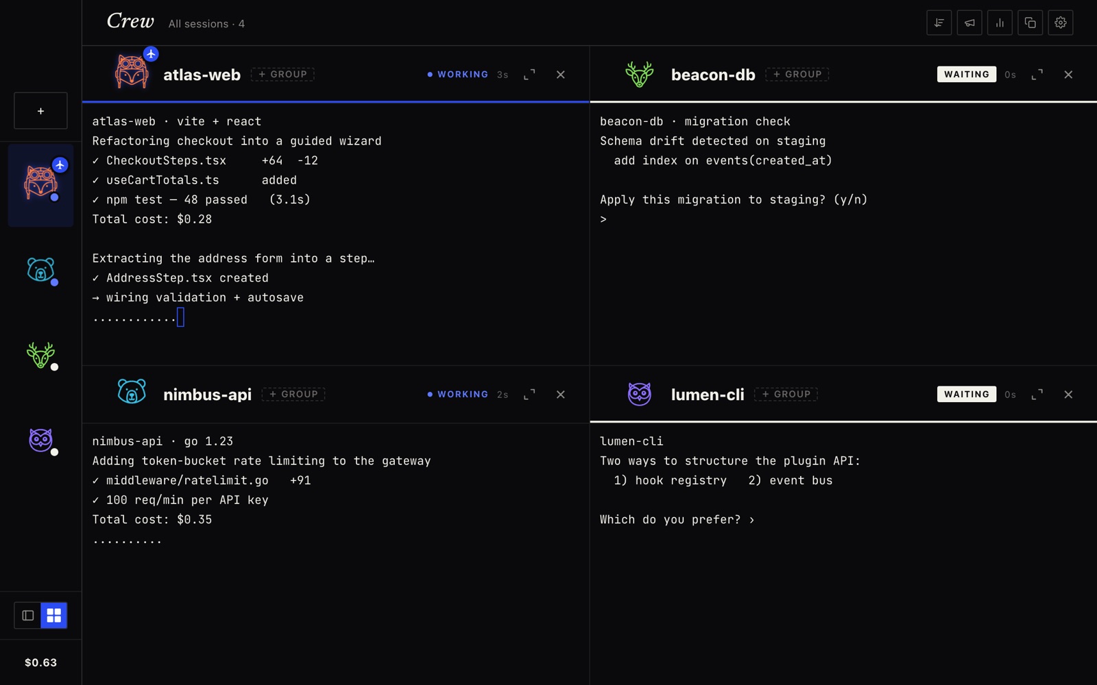 Crew grid view of active sessions